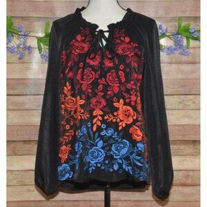 Savanah Jane Black Ombre Embroidered Floral Roses Blouse Top Size S Boho Casual